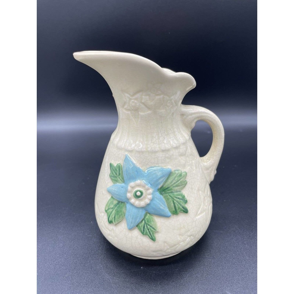 Hull Pottery Pitcher USA Blue Flower Star Creamy White Antique USA Vintage